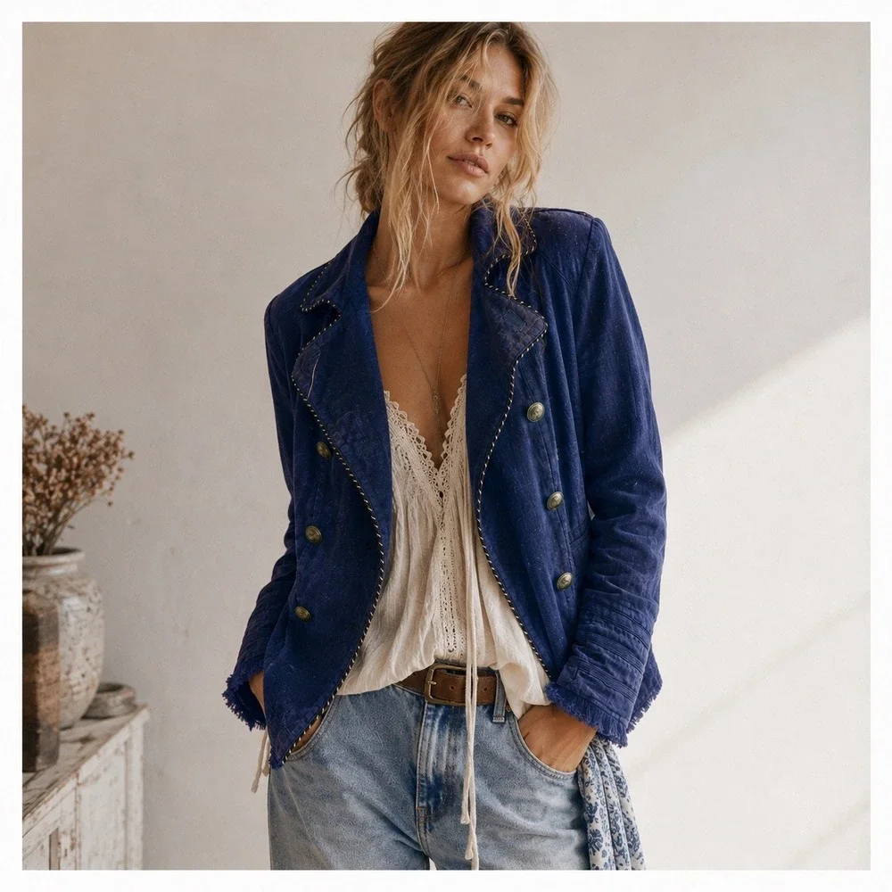 Free People Military Napoleon Jacket Blazer Women S Blue Double Breasted Linen